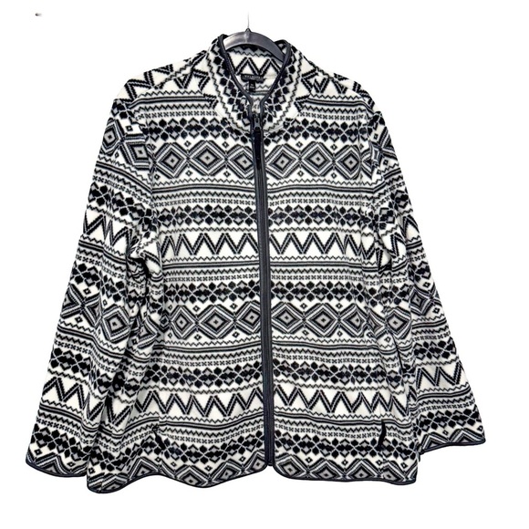 Talbots Jackets & Blazers - Talbots Womens Fleece Jacket 2X Black White Southwestern Fair Isle Zip Geo NWOT